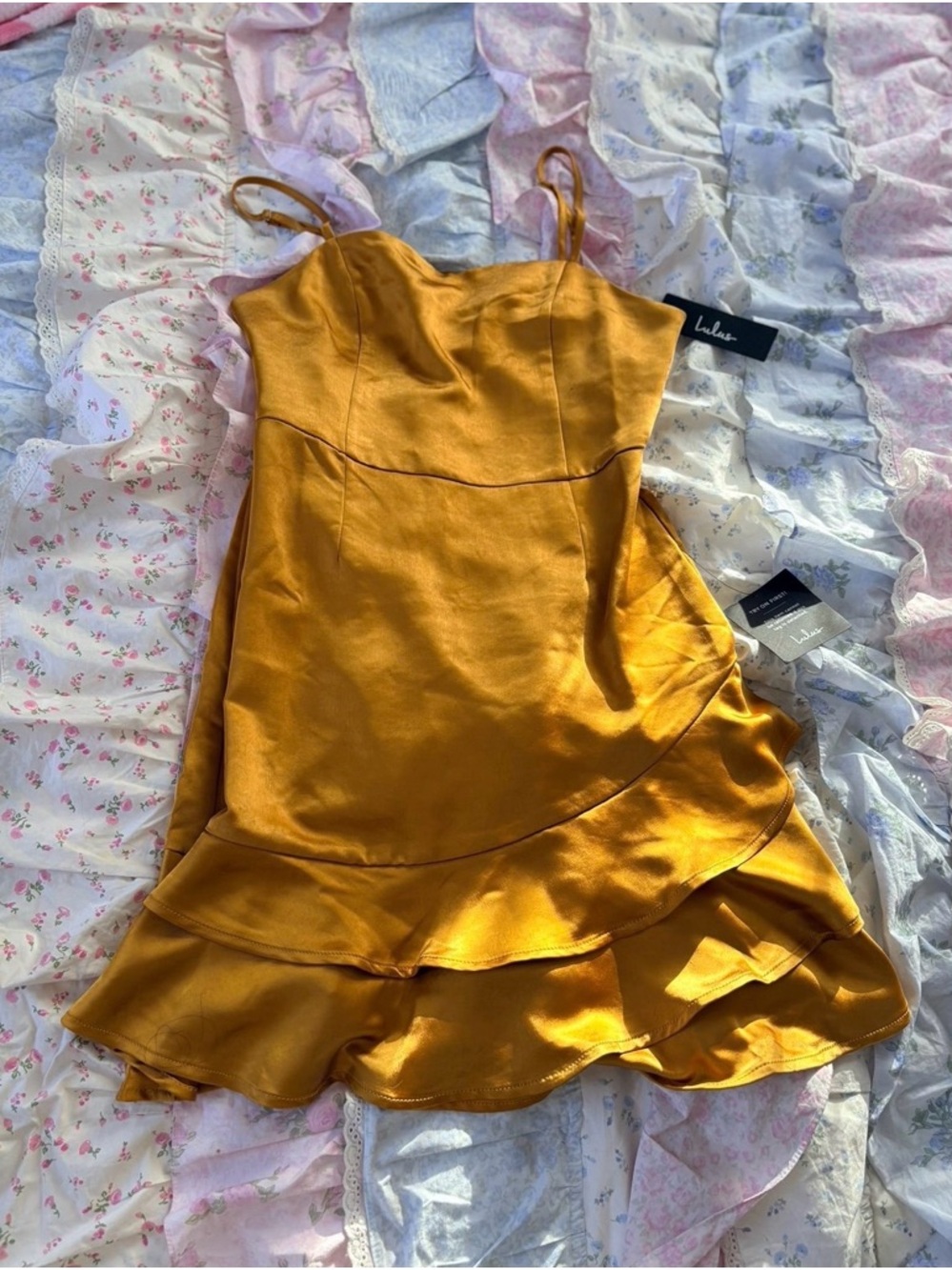 Lulus Gold Satin Ruffle Slip Dress